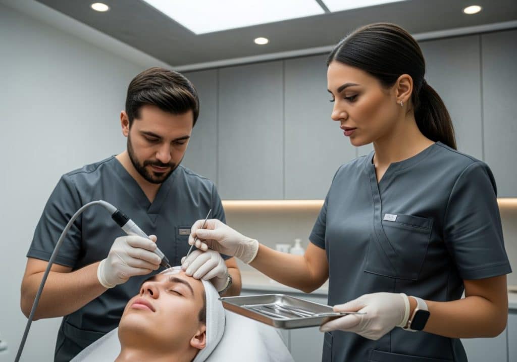 professionals performing advanced facial skin treatment on young man in clinic