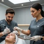 professionals performing advanced facial skin treatment on young man in clinic
