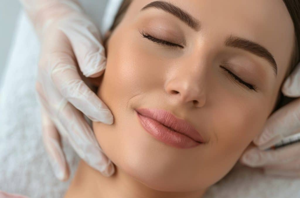 aesthetics professional assessing a woman's face